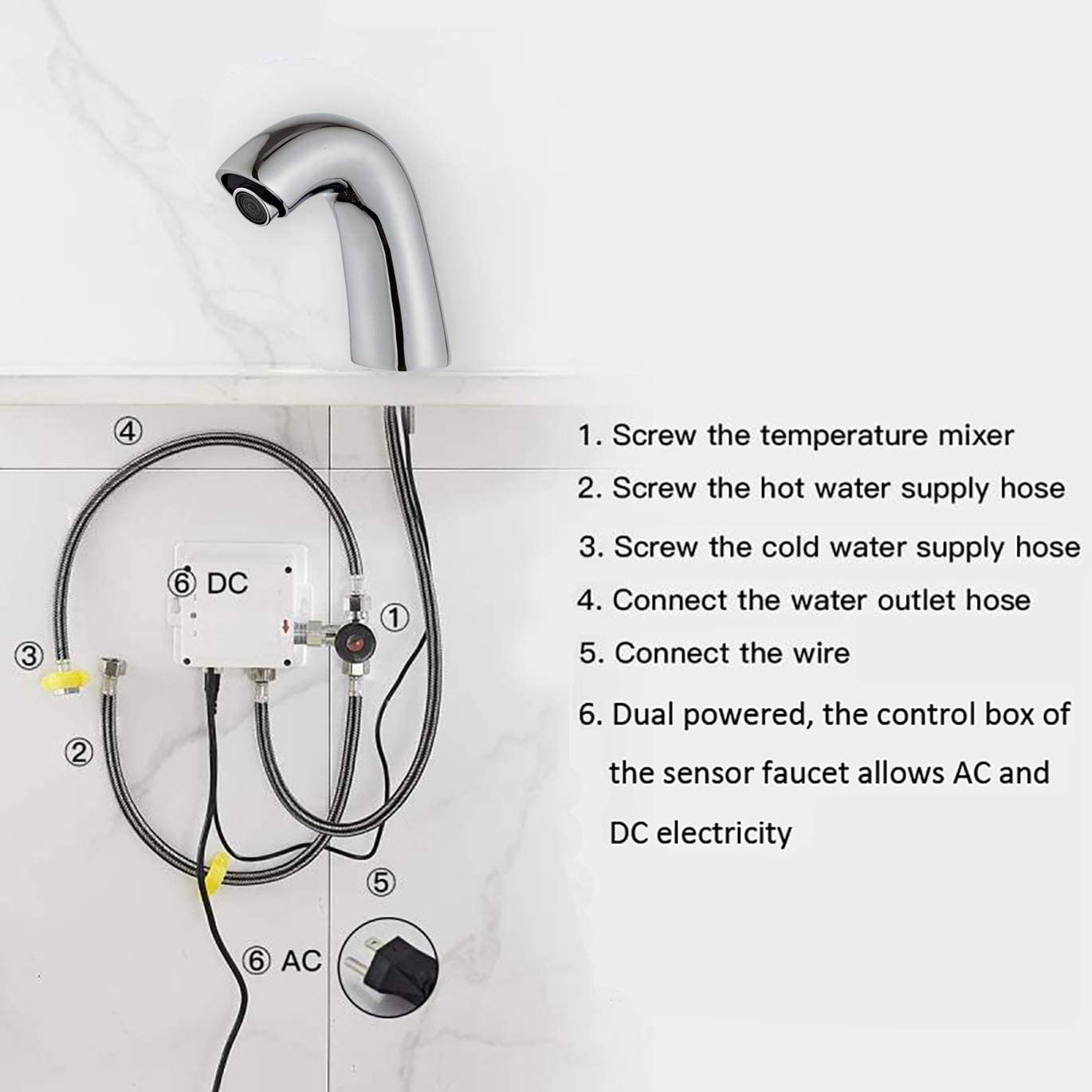 Автоматический сенсорный бесконтактный хромированный смеситель для раковины в ванной комнате с блоком управления и смесителем температуры