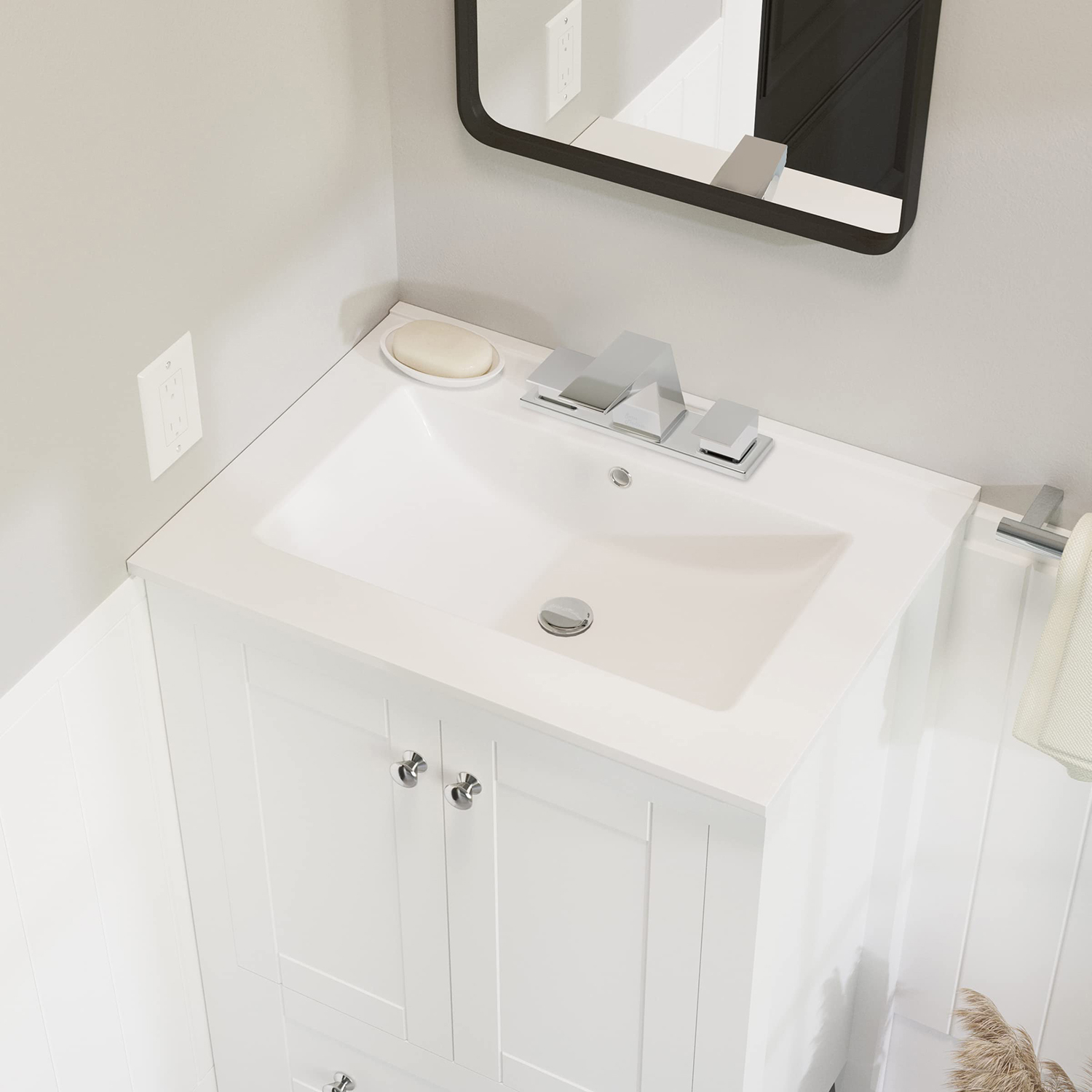 Высококачественная прямоугольная керамическая раковина для мытья рук с тонкими краями, 24 дюйма, раковина для ванной комнаты с тремя отверстиями для крана