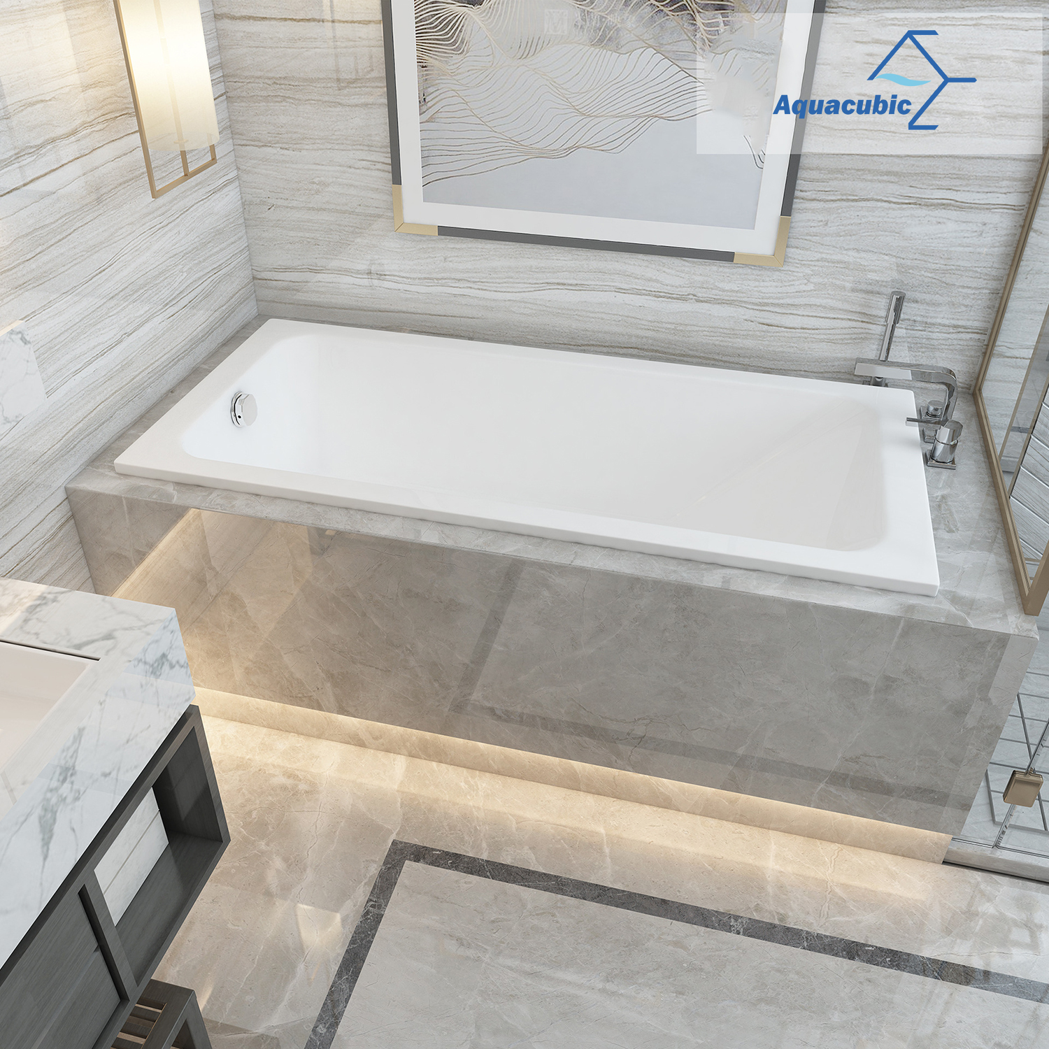 Высококачественная простая акриловая ванна с белым центральным сливом в прямоугольной ванне, ванна с твердой поверхностью