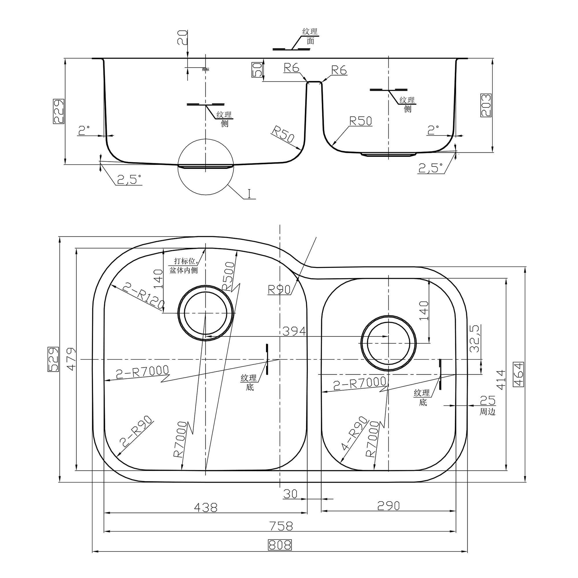 Кухонная мойка из прессованной нержавеющей стали с двойной чашей Aquacubic Drawn, нарисованная под столешницей