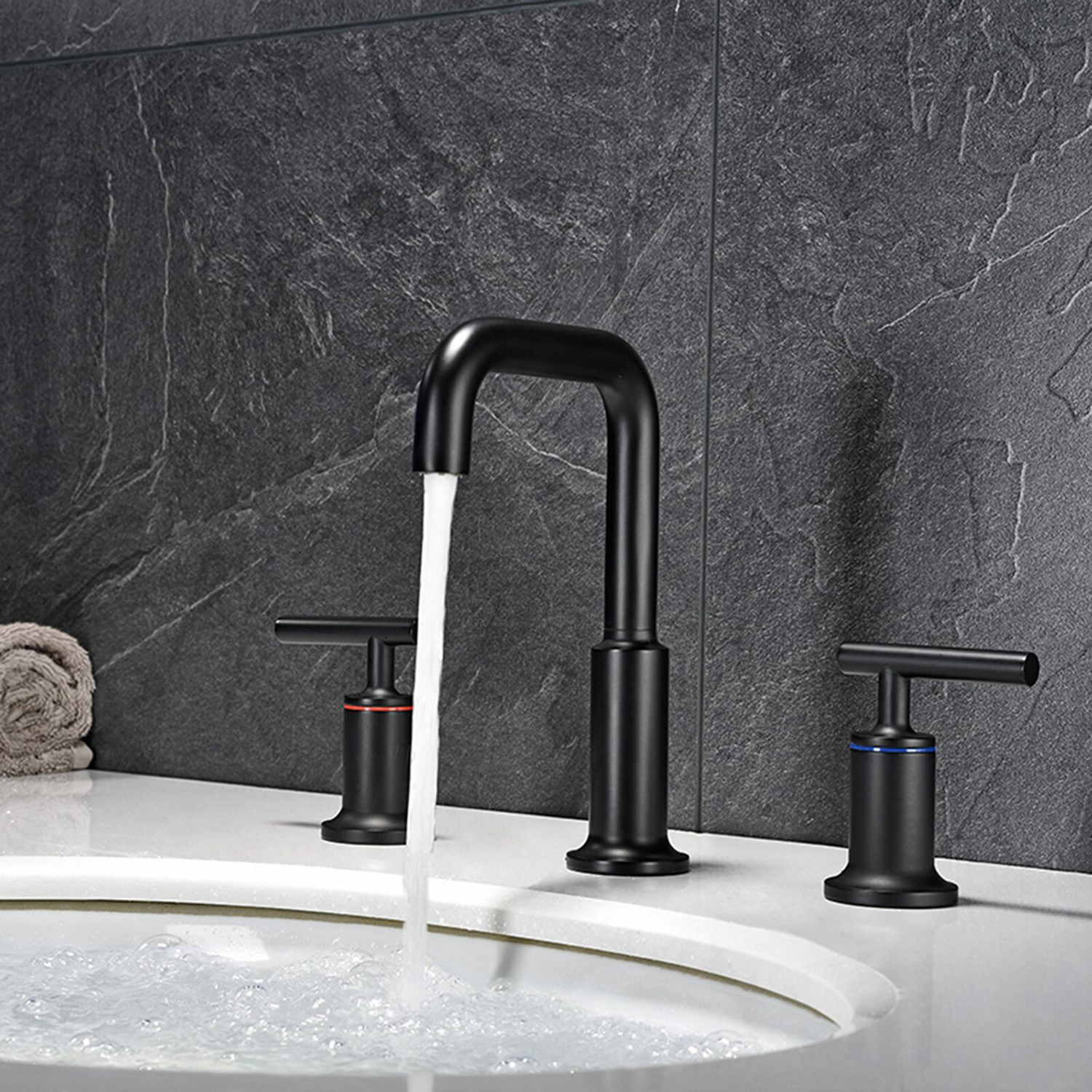 Aquacubic High Arc с двумя ручками Широко распространенный черный смеситель для раковины в ванной комнате с 3 отверстиями и выдвижным сливом
