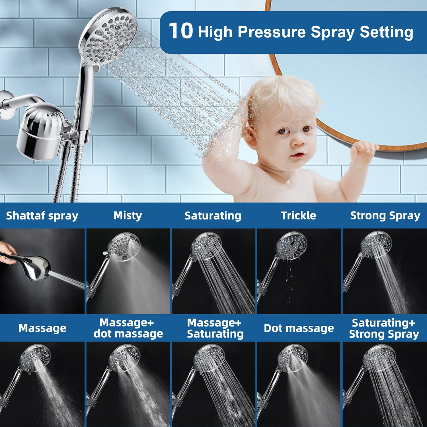 Ручная душевая насадка высокого давления CUPC, 10 режимов настройки, душ с функцией точечной струи, душевая насадка