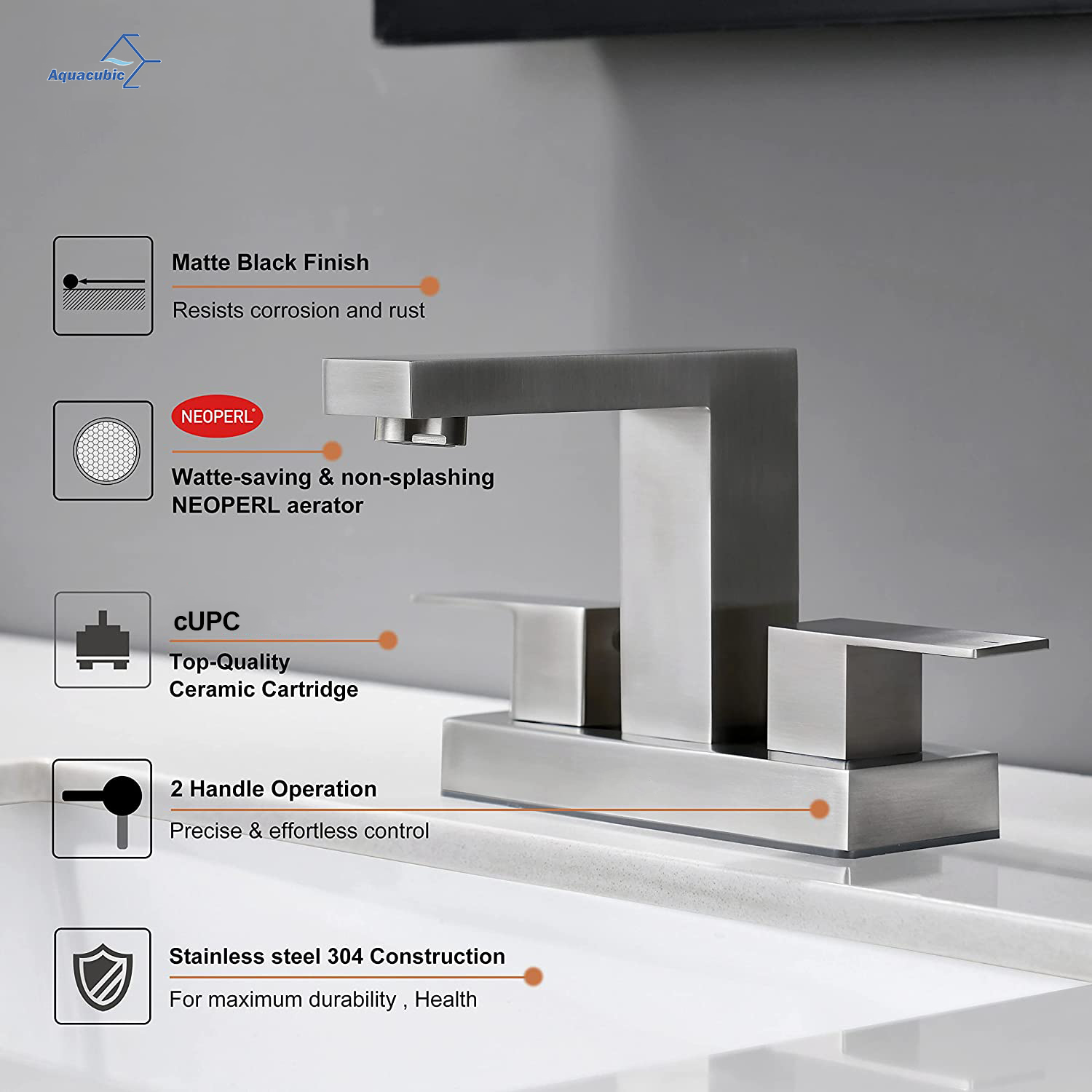 Главная Смеситель для ванной комнаты с матовой никелевой поверхностью и двумя ручками Centerset SUS304 со сливным узлом