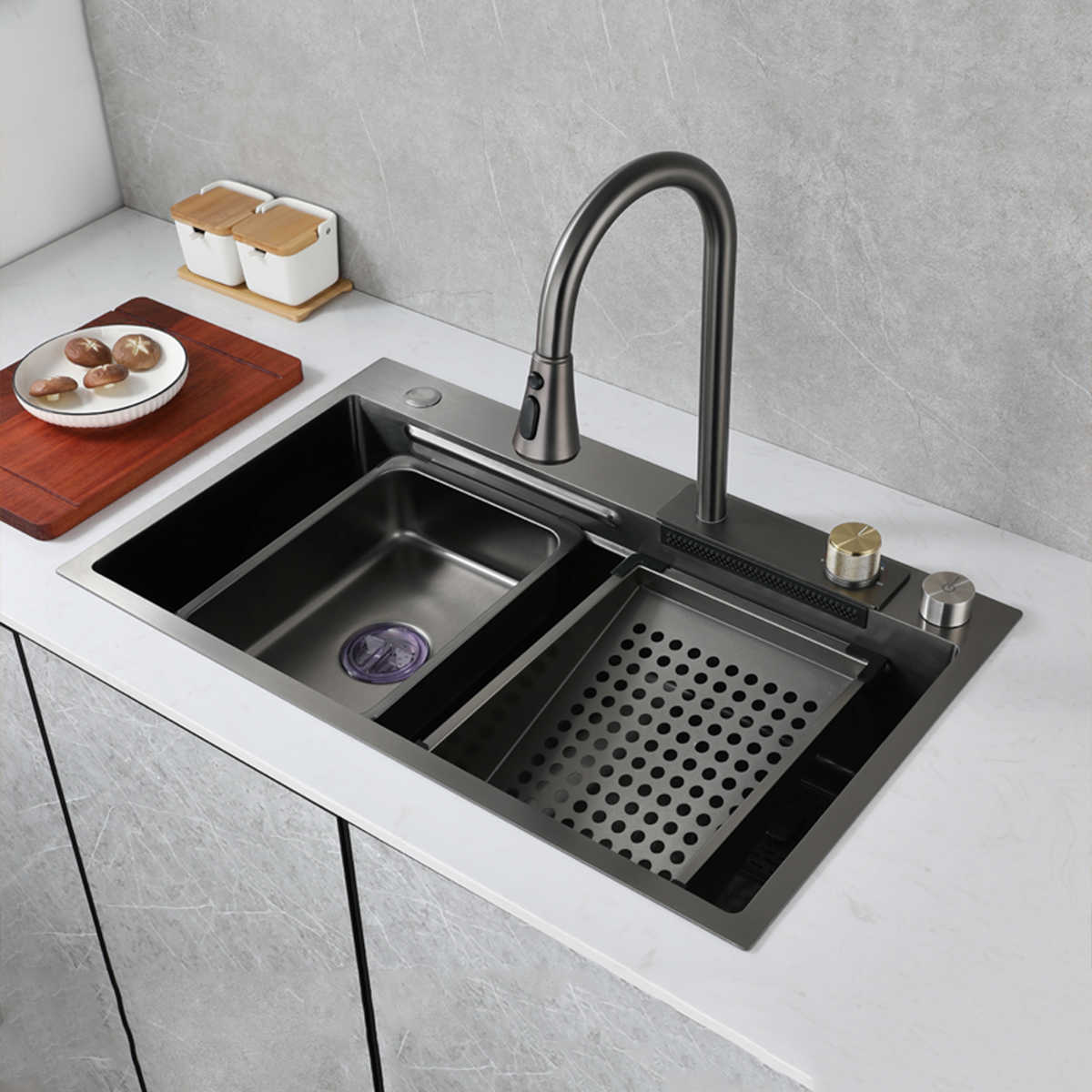 Aquacubic Design 31-дюймовая бронзовая черная нержавеющая сталь 304 Кухонная рабочая станция ручной работы Раковина с водопадом и аксессуарами