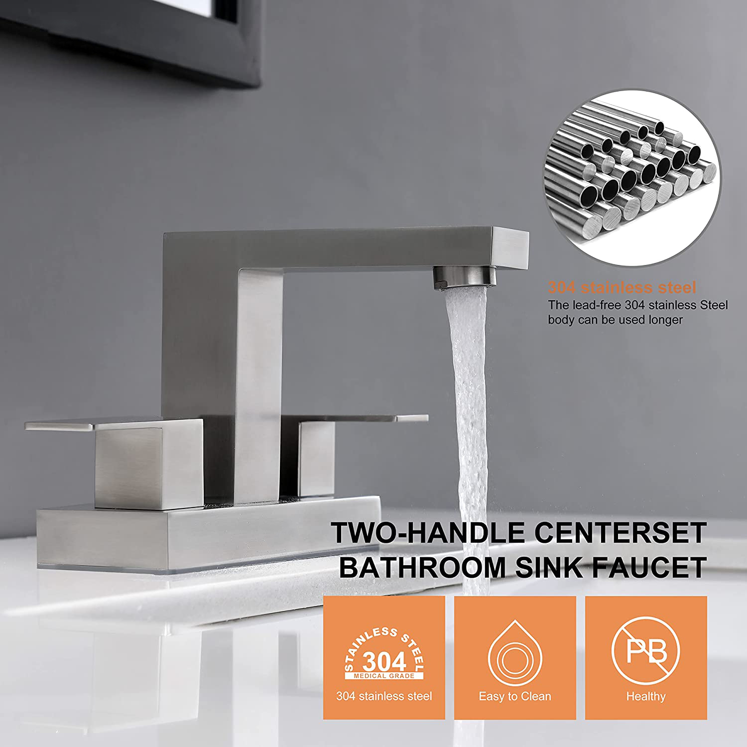 Главная Смеситель для ванной комнаты с матовой никелевой поверхностью и двумя ручками Centerset SUS304 со сливным узлом